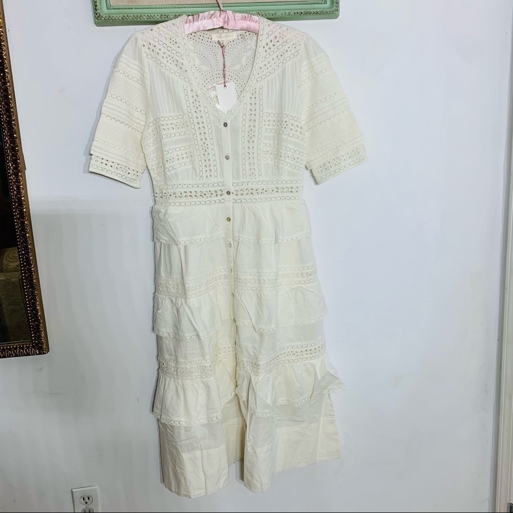 LoveShackFancy Rebecca Embroidered Lace Eyelet Tiered Ruffle Midi Short medium